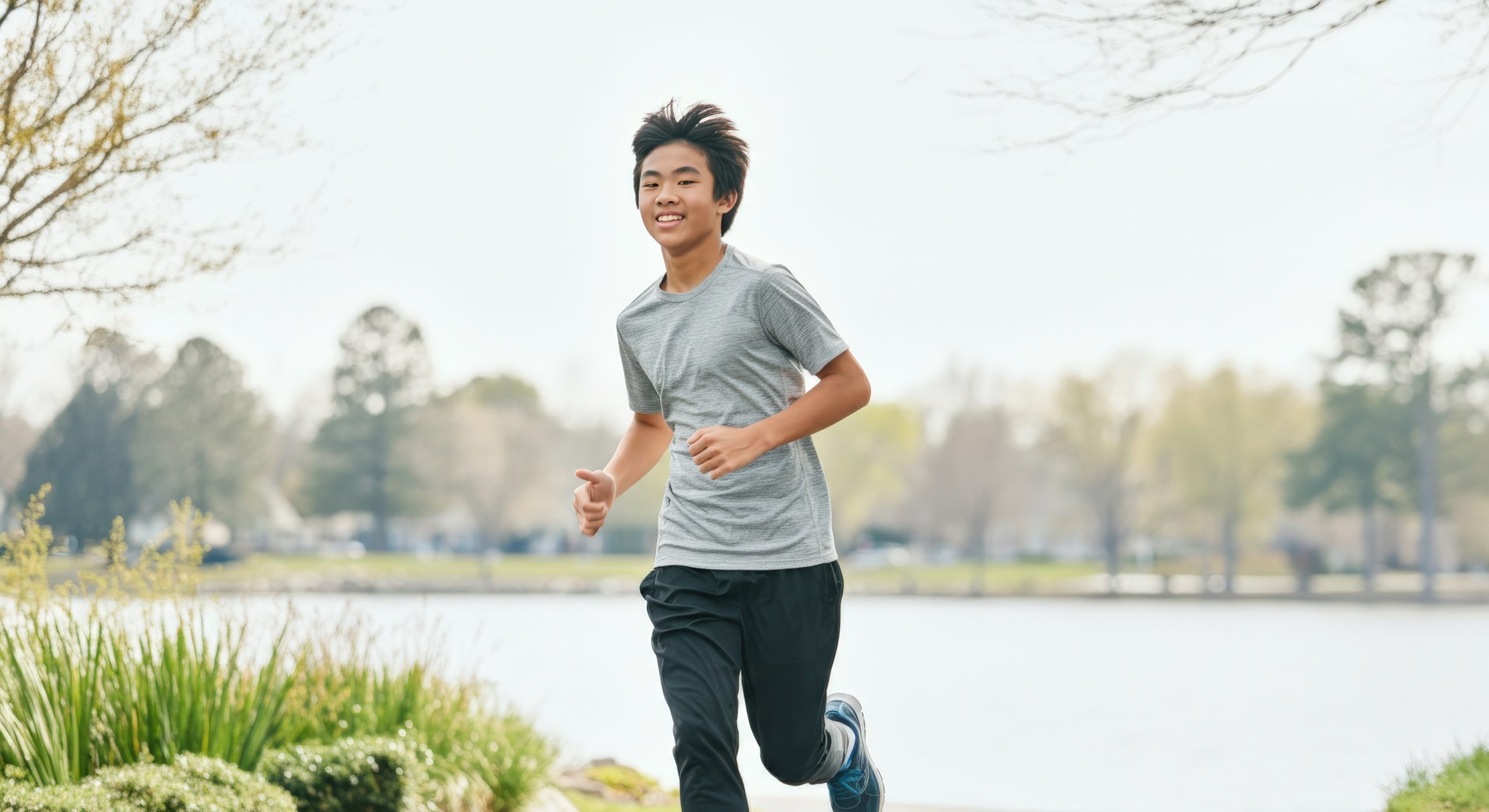 Energetic asian teen running outdoors for fitness and health in park setting