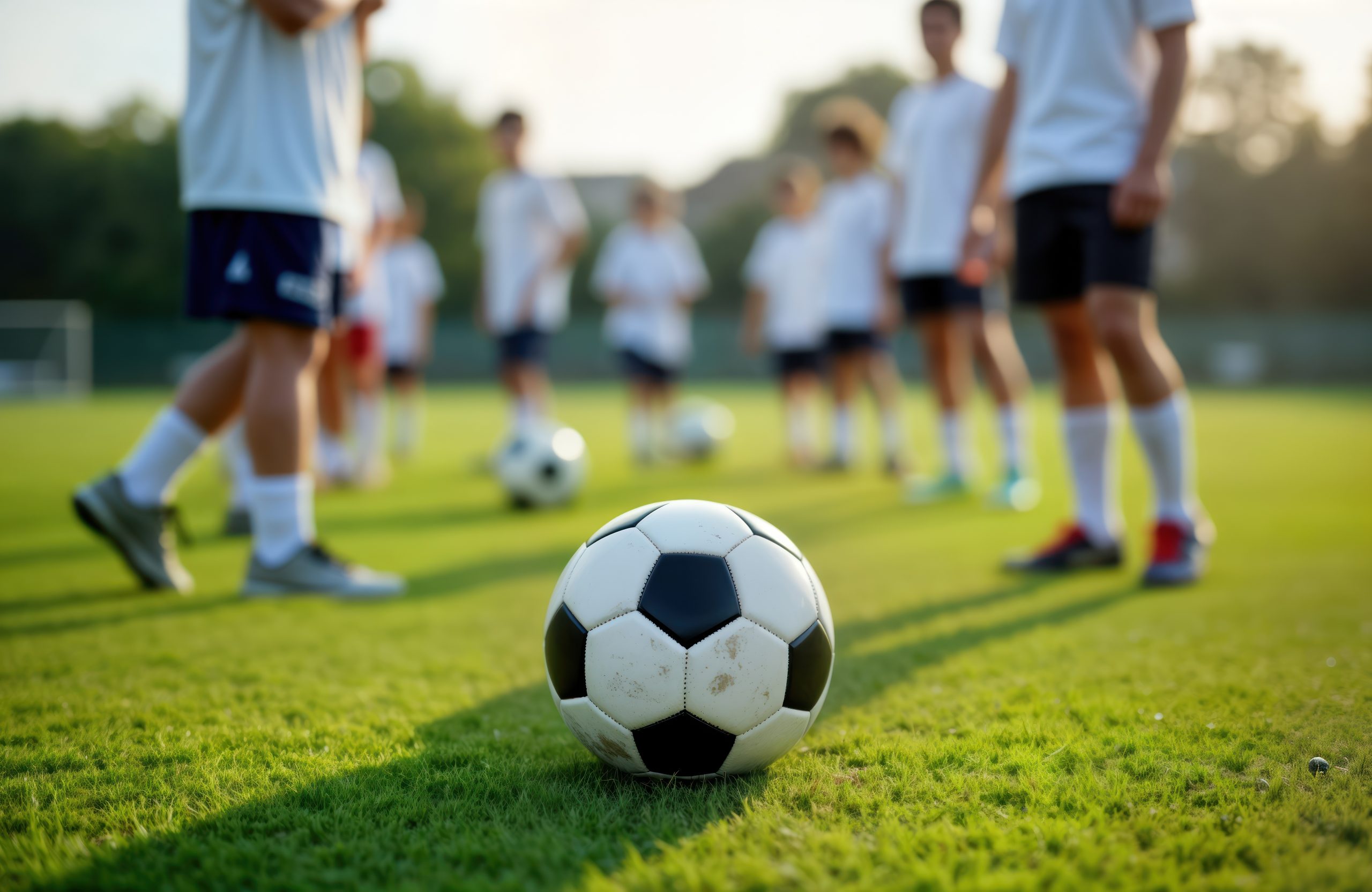 Youth soccer players practice on field. Stand in line, ready for training. Focus on black, white soccer ball. Scene shows sports camp academy. Young athletes likely prepare for match. Good photo for